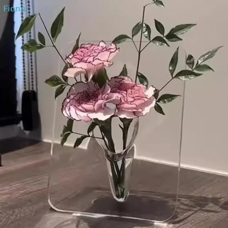 Vaso acrílico transparente para flores hidropônicas com formato retangular e flores cor de rosa