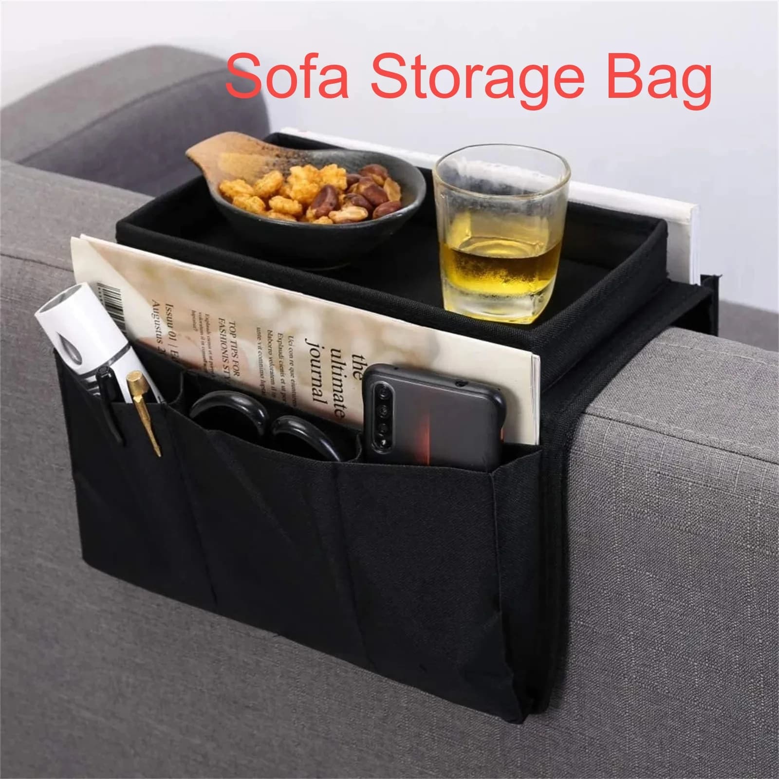 Bolsa organizadora para sofá com compartimentos para controle remoto, celular e revistas