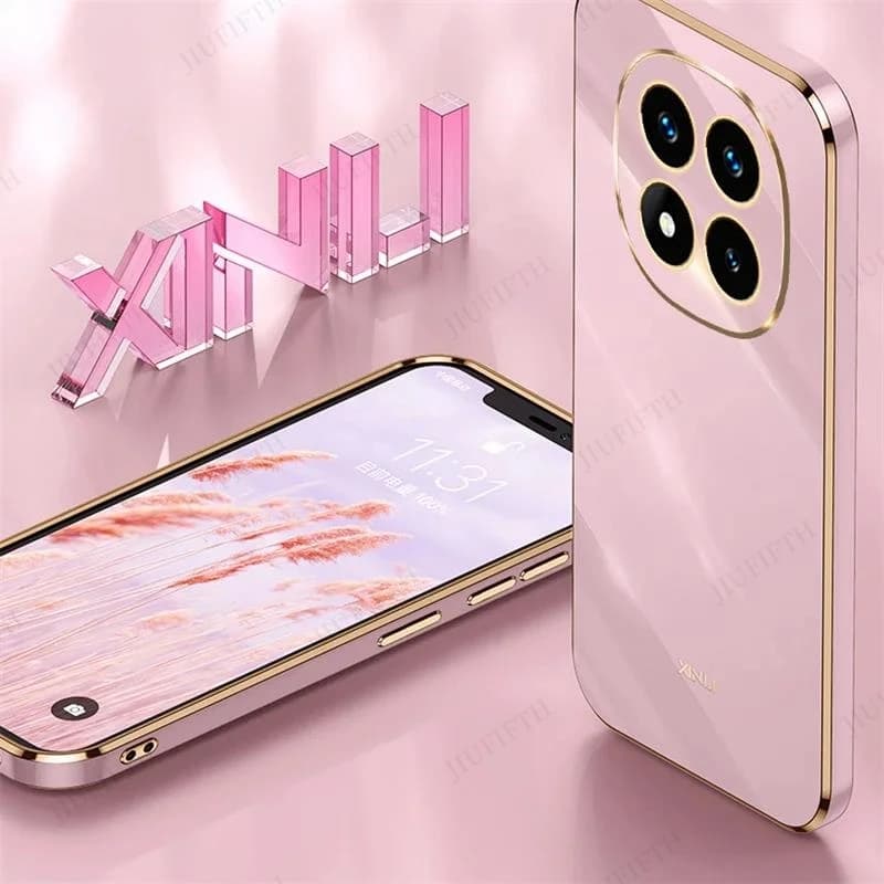 Capa rosa para Xiaomi Redmi Note 14 com bordas douradas, silicone macio 6D, design moderno e elegante