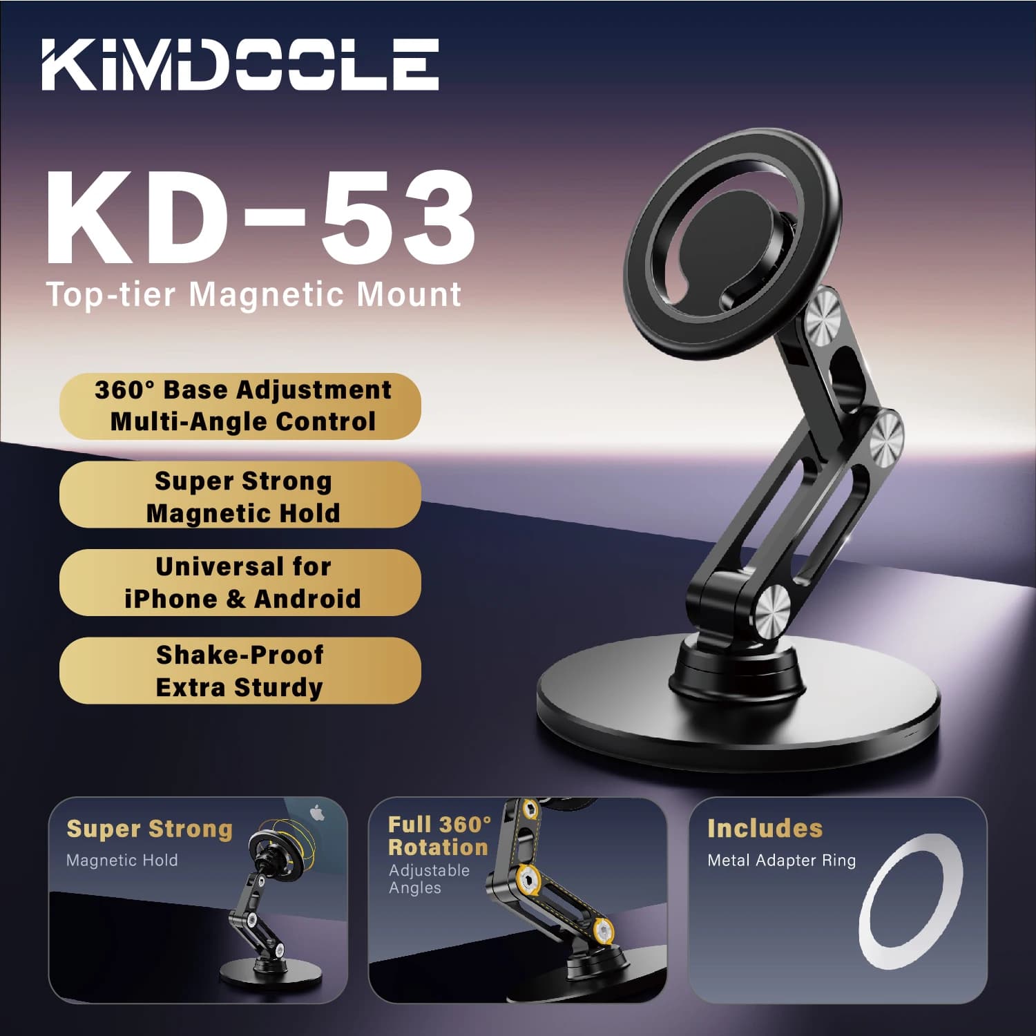 Suporte magnético rotativo 360 graus preto para celulares, ajustável, metal, entrega rápida