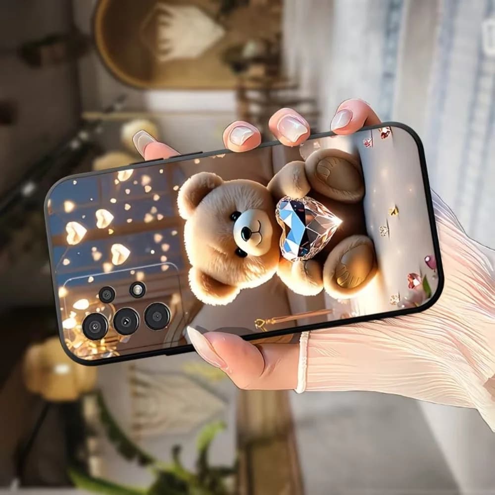Capa azul para Samsung Galaxy A Series com design de urso fofo segurando cristal em forma de coração