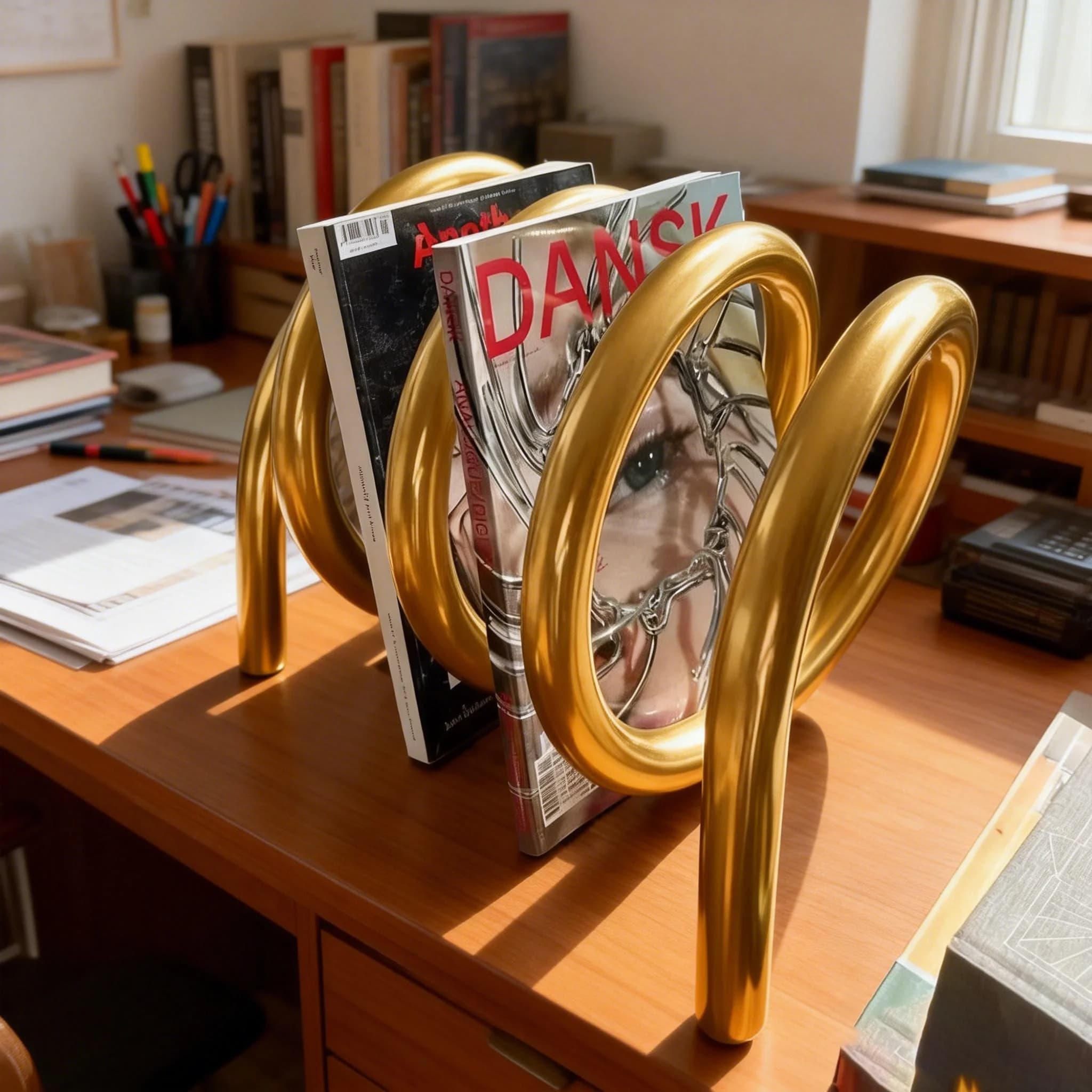 Estante decorativa espiral dourada em metal com design moderno usada como suporte para livros