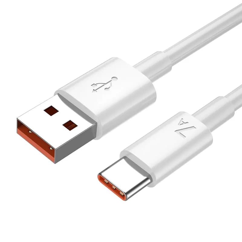 Cabo USB Tipo C branco com conector USB padrão e interface laranja 7A para carregamento rápido