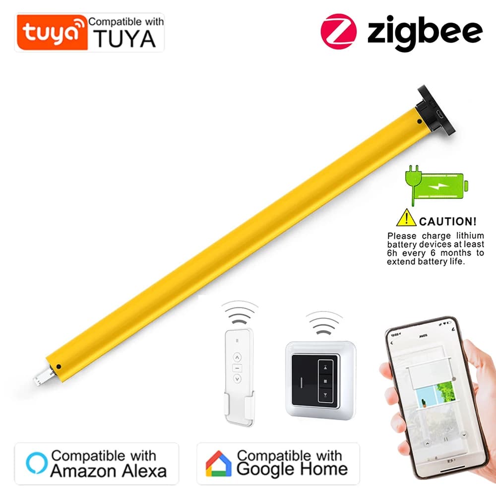Controle de cortina inteligente Tuya Zigbee amarelo com botão de controle e etiqueta de compatibilidade