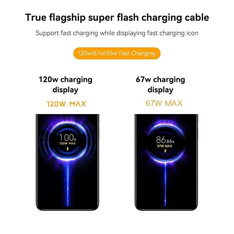 Tela de smartphone mostrando carregamento rápido 120W e 67W com cabo USB Tipo C Xiaomi