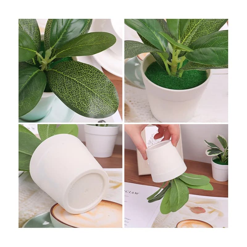 Detalhes das folhas verdes e vasos plásticos brancos das plantas artificiais decorativas mini linha bonsai