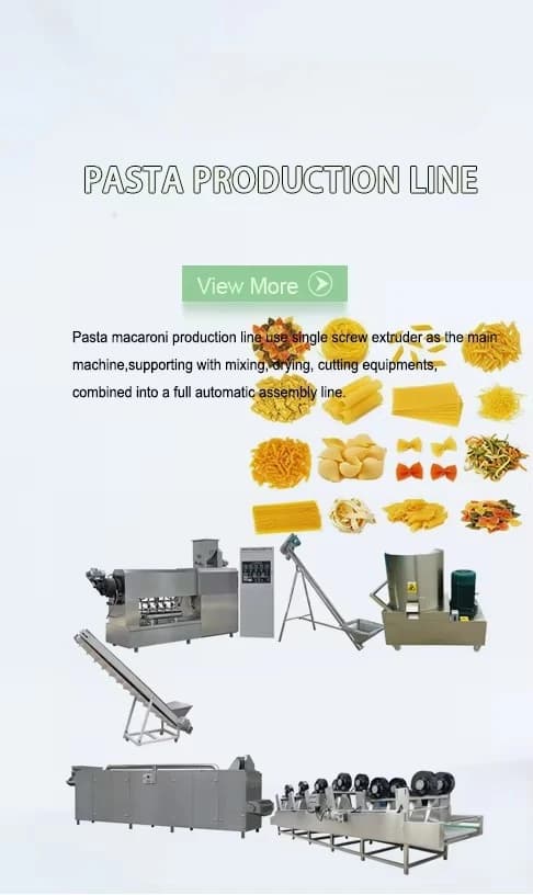 Linha de produção de macarrão mostrando diferentes estágios de fabricação com componentes rotulados
