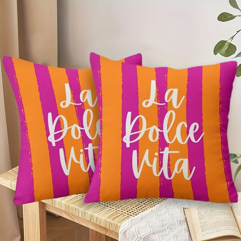 Jogo com 2 capas de almofada decorativas La Dolce Vita listradas roxo e laranja macias
