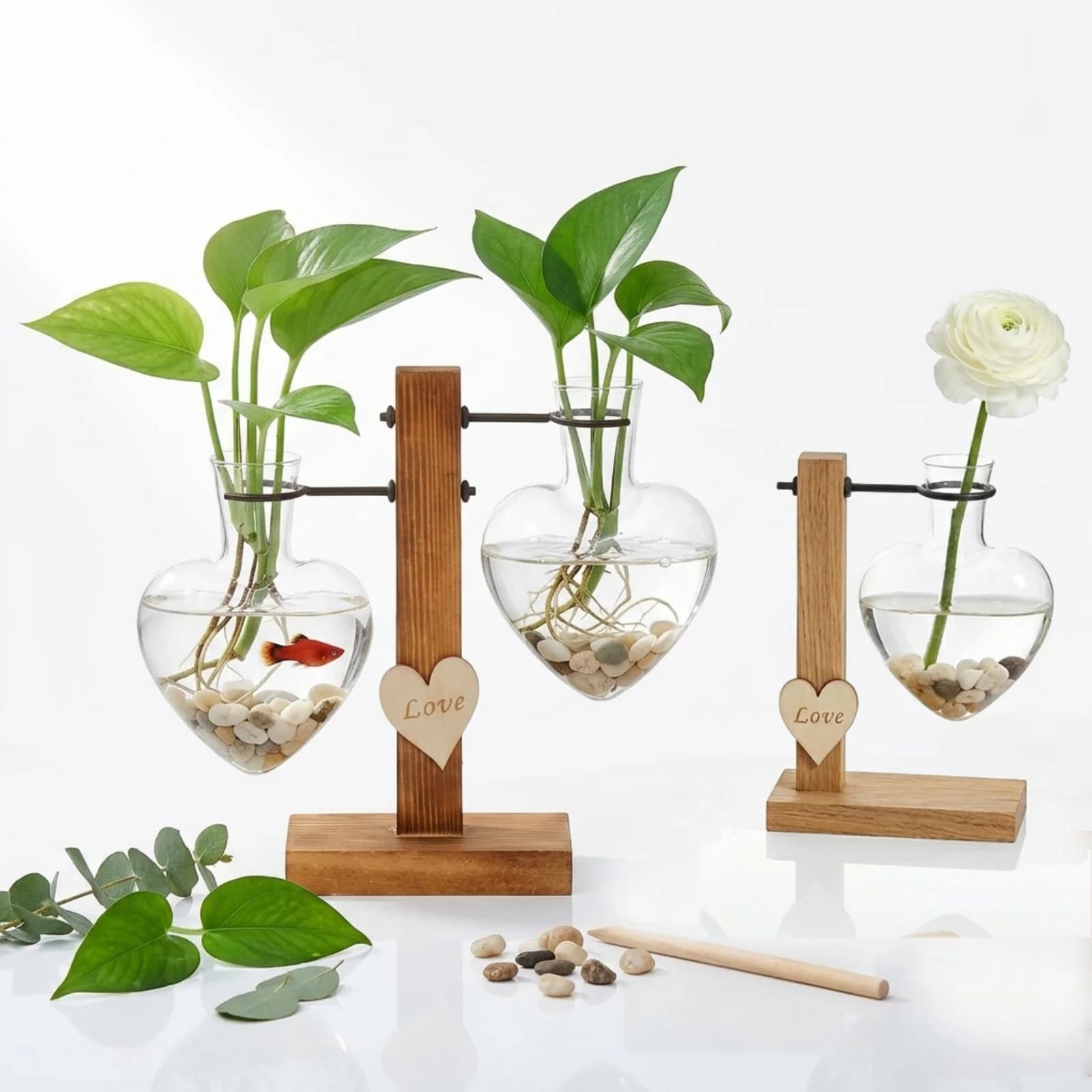 Vaso hidropônico em forma de coração com plantas e peixes