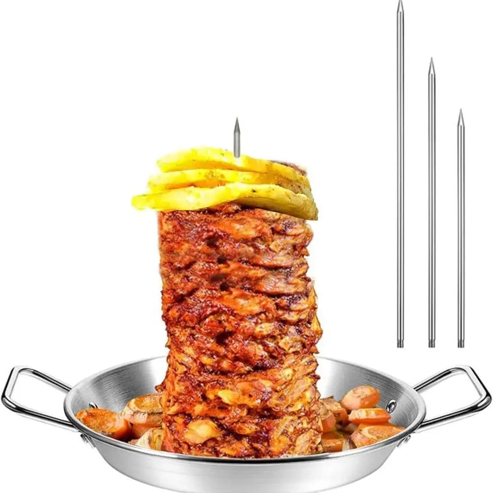 Suporte para espetos de shawarma doméstico com 3 espetos de aço inox e carne assada com abacaxi