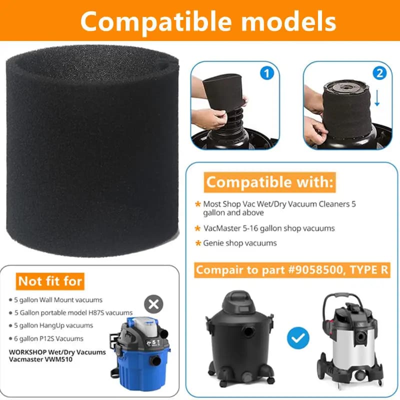 Filtro de espuma preto compatível com aspiradores Shop Vac 5 galões e modelos VacMaster e Genie