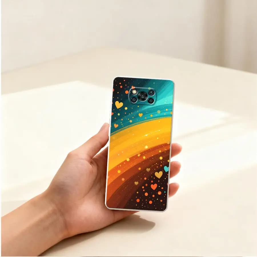 Capa colorida para Xiaomi Poco com design de arco-íris e corações em tons quentes segurada na mão