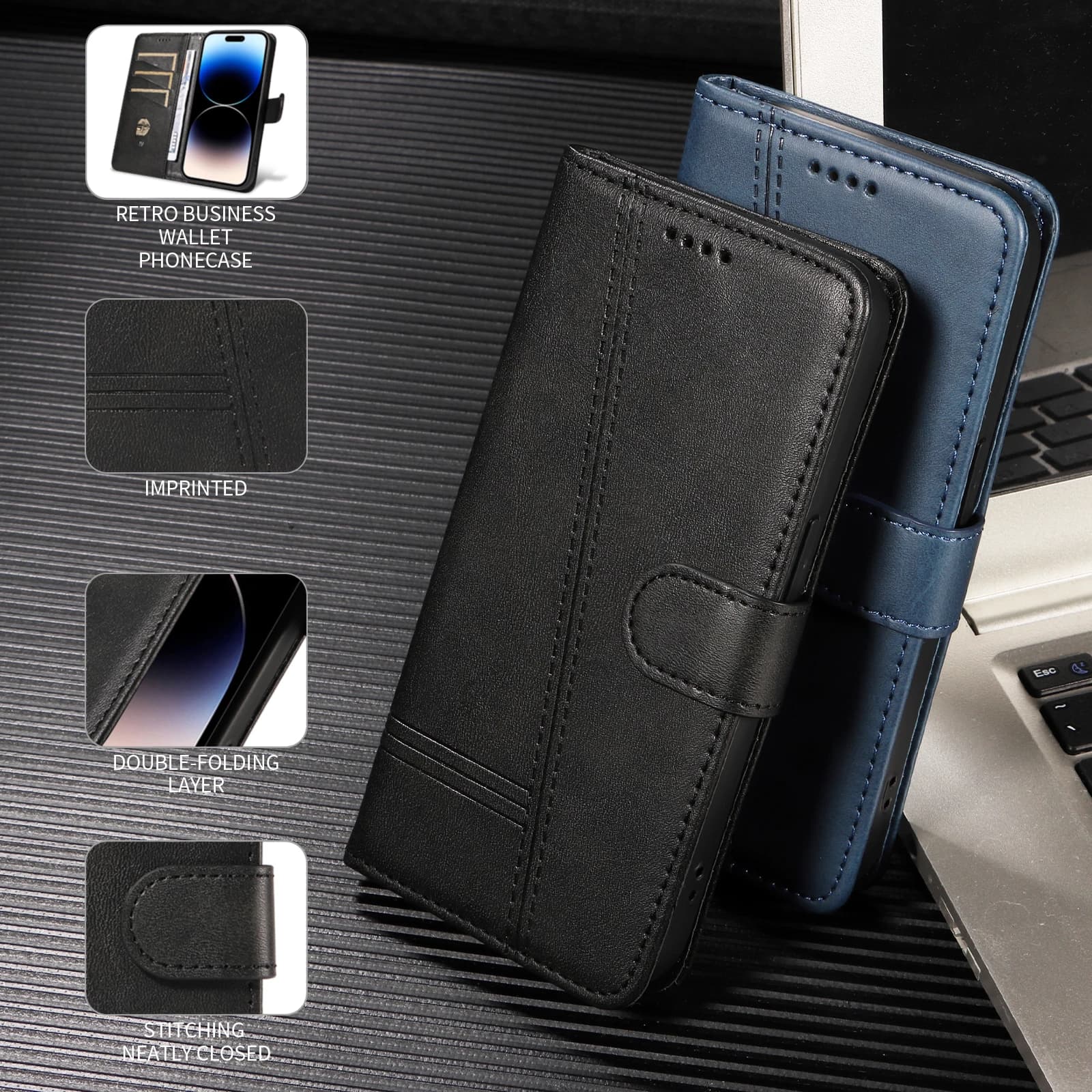Capa de couro retrô preta e azul para celular Motorola com suporte e slot para cartões