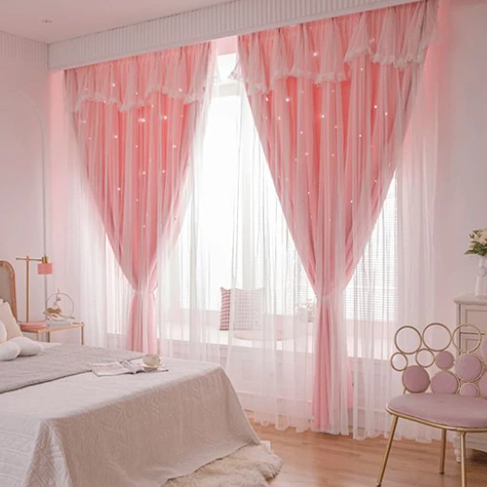Cortina de Janela Rosa com Recortes de Estrelas, Cortina Blackout de Cor Sólida, Painel Decorativo com Renda para Quarto