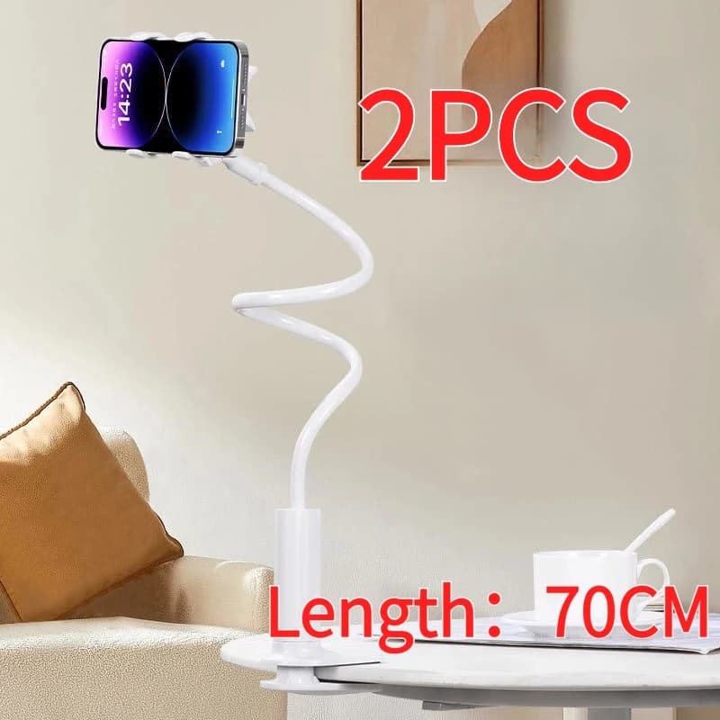 Suporte de telefone branco com braço flexível de 70cm segurando celular em mesa branca