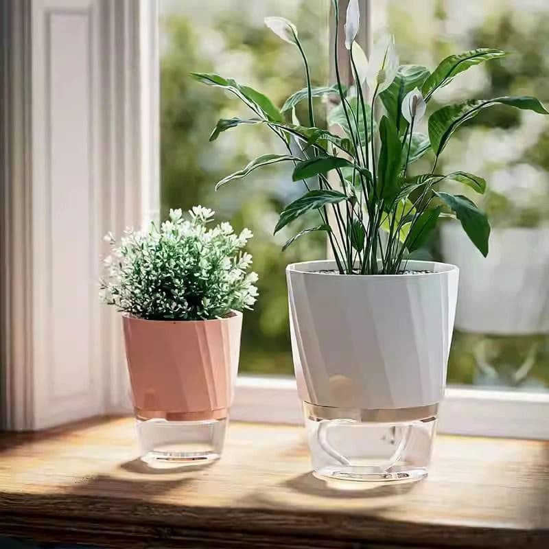 Vasos hidropônicos autoirrigáveis dupla camada em plástico transparente com plantas, para escritório