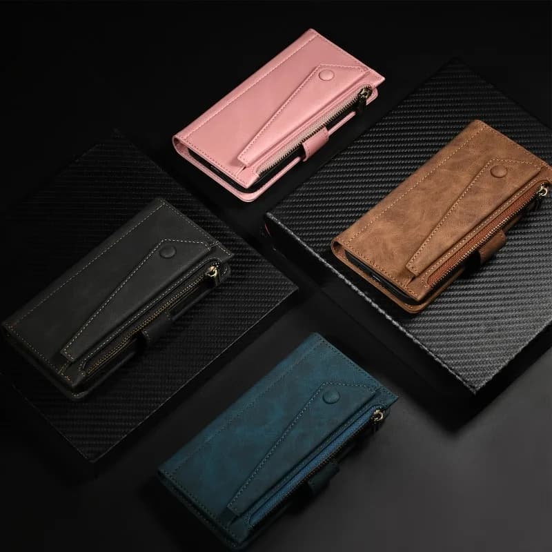 Capas carteira para smartphone em couro com zíper nas cores marrom, preto, azul e rosa