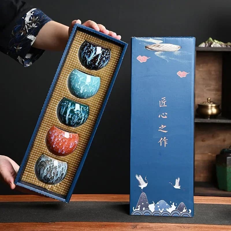 Porcelana Kung Fu Copos Set, Xícara De Chá De Cerâmica, Caneca De Café De Cerâmica, Xícara De Louça, Caixa De Presente E 5 Elementos Caixa De Presente Forno Mudar China
