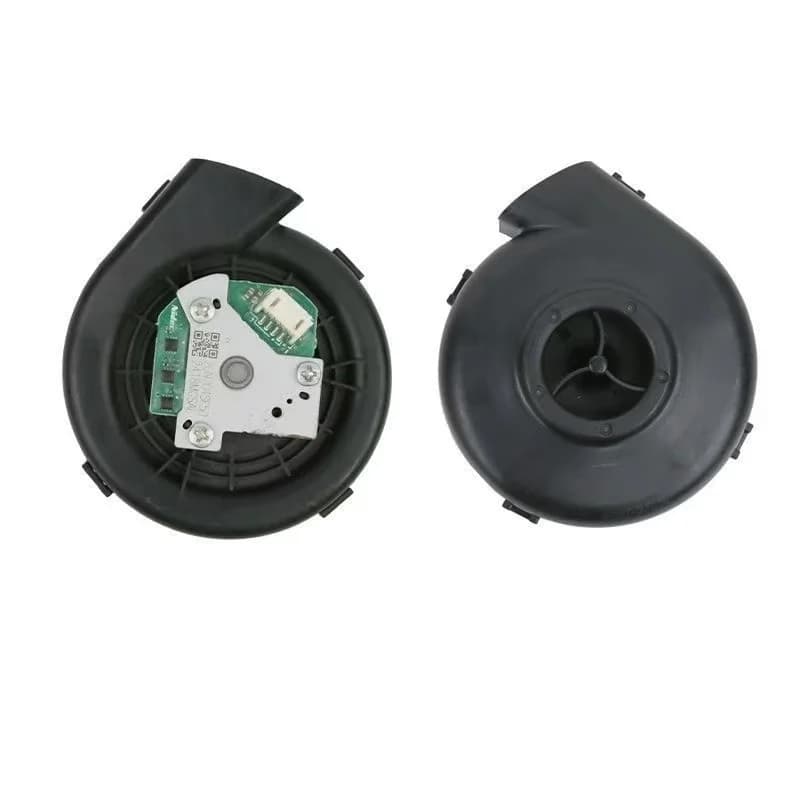 Motores de ventilação para aspirador robô com estrutura em plástico preto e placa eletrônica verde e branca