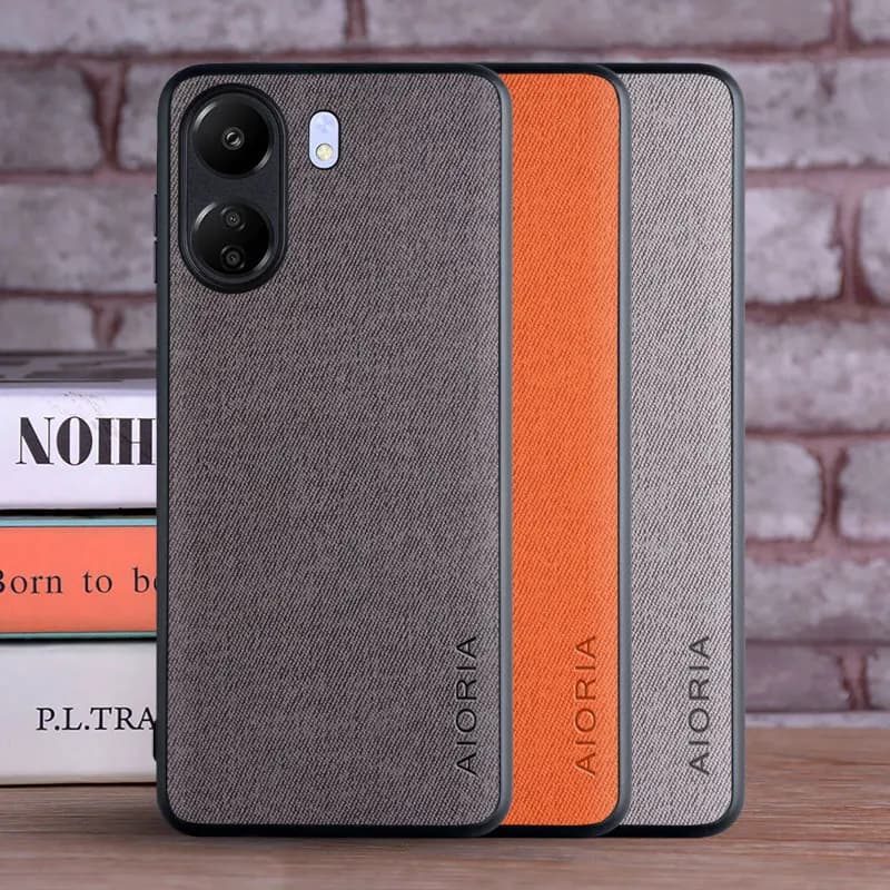 Capas de telefone Xiaomi Redmi em cinza, laranja e cinza claro com textura de couro.