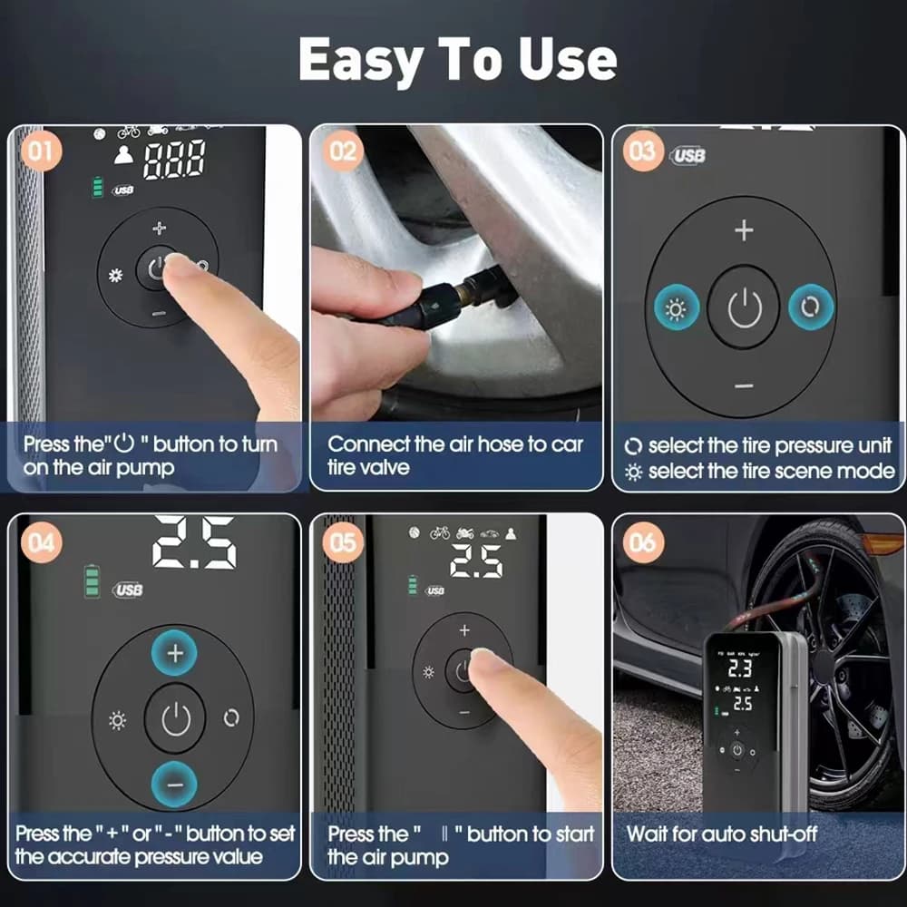 Compressor de Ar Portátil Elétrico, Bomba de Ar Sem Fio para Carro com Lâmpada LED para Carro, Moto, Bicicleta e Bolas