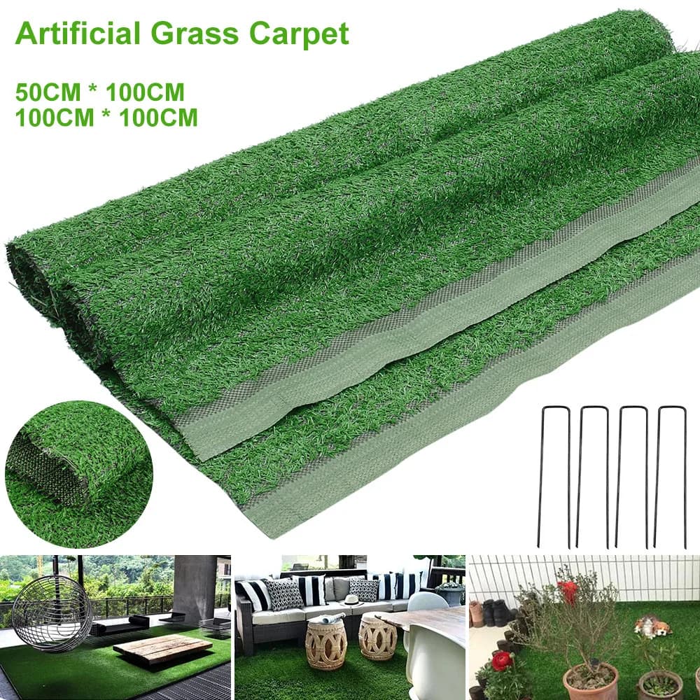 Tapete de grama artificial verde, 50cm x 100cm e 100cm x 100cm, para decoração e paisagismo.