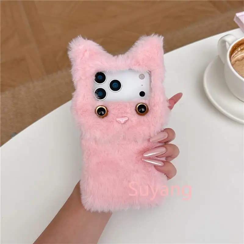 Capa de telefone pelúcia macia rosa com orelhas e olhos 3D estilo gato para Xiaomi