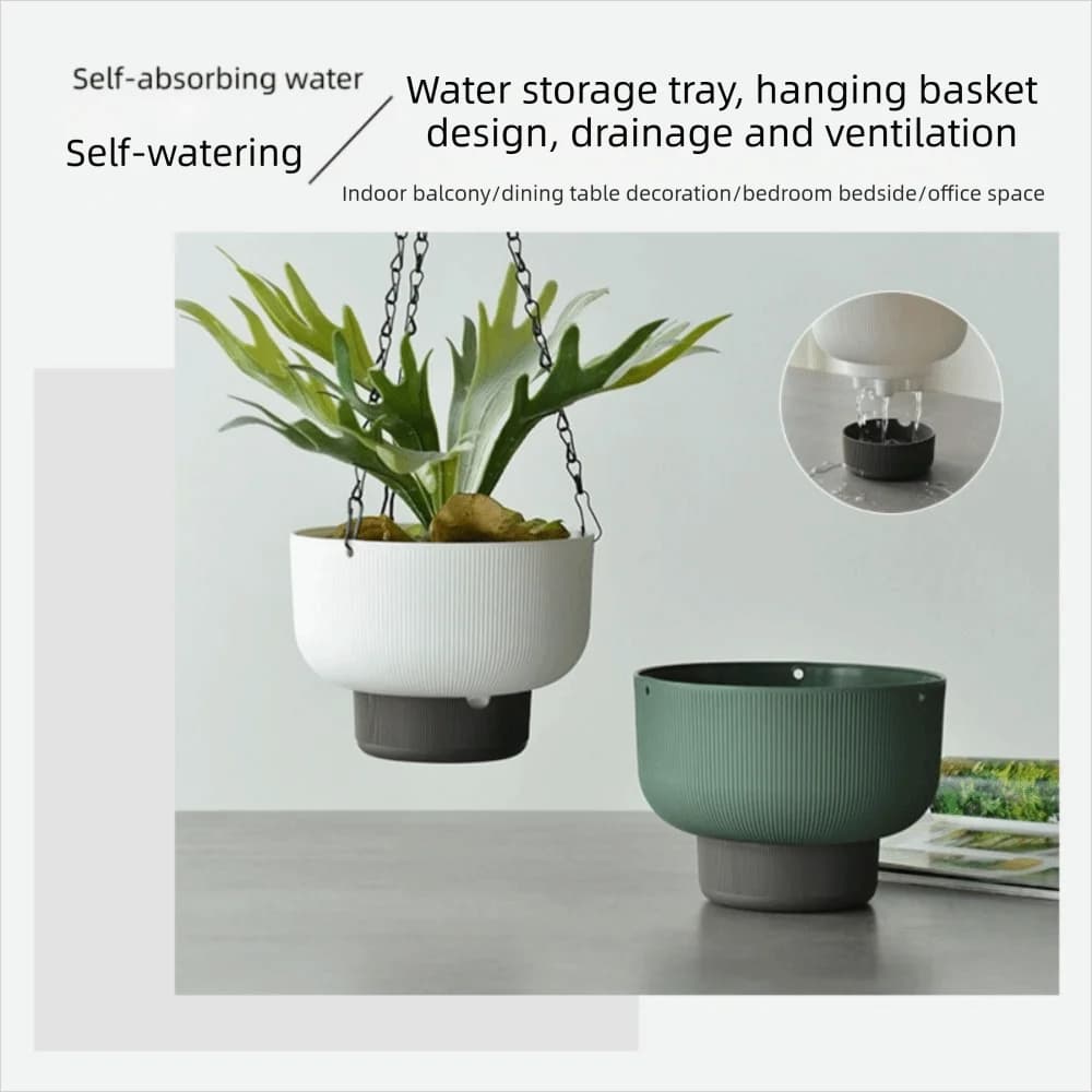Vasos suspensos de flores com autoirrigação branco e verde com sistema de drenagem e ventilação