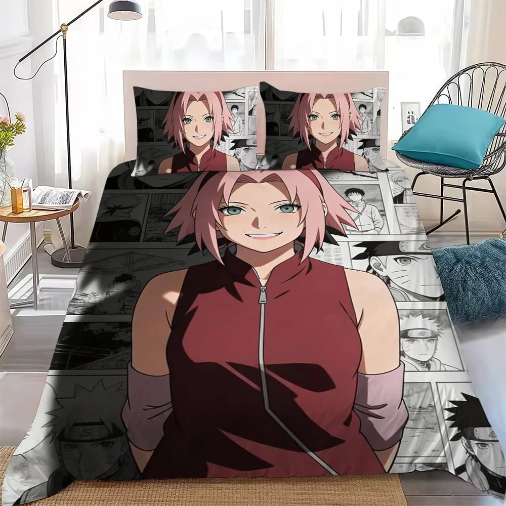 Capa de edredom branca anime Naruto com estampa da personagem Sakura em algodão macio 3 peças