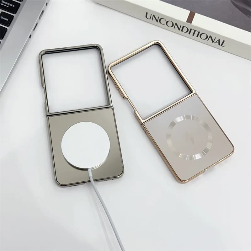 Capa magnética prata fosca para Samsung Galaxy Z Flip 7 com carregamento sem fio e carregador magnético