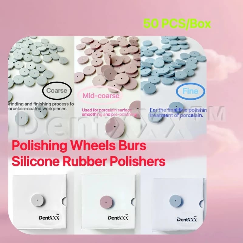 Conjunto de rodas de polimento de silicone azul, médio e grosso embaladas em caixas brancas com logo DentXXX