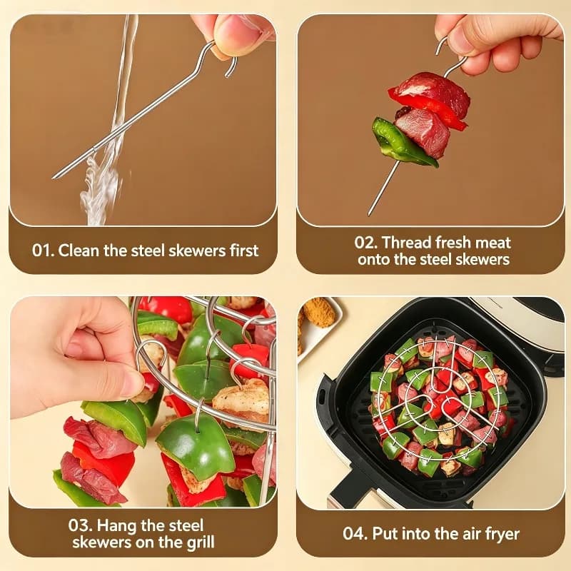 Instruções de uso do grelhador vertical Jácotei com espetos de aço inox e preparo de carne para fritadeira de ar