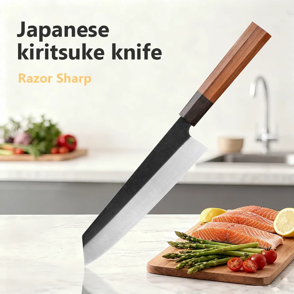 Faca kiritsuque japonesa de 8 polegadas com cabo octogonal e lâmina afiada cortando salmão