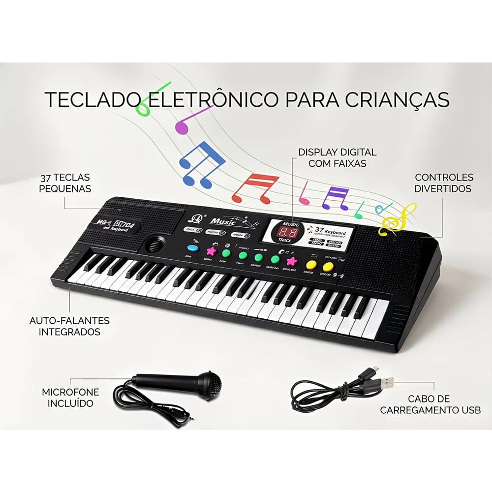 Teclado eletrônico infantil com 37 teclas, display digital, microfone e cabo USB