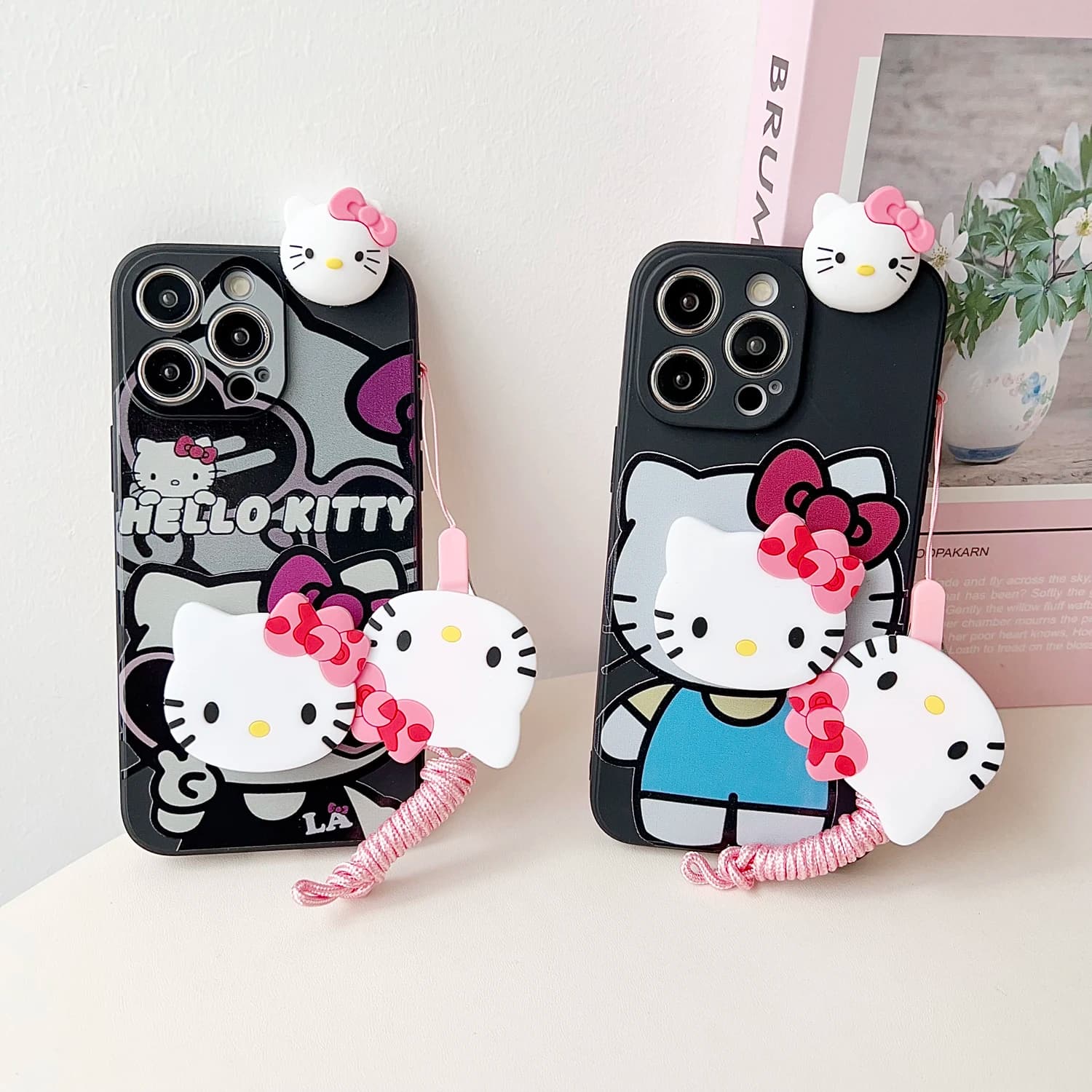 Capas pretas para Xiaomi Redmi 8 com design Hello Kitty, suporte e cordão rosa