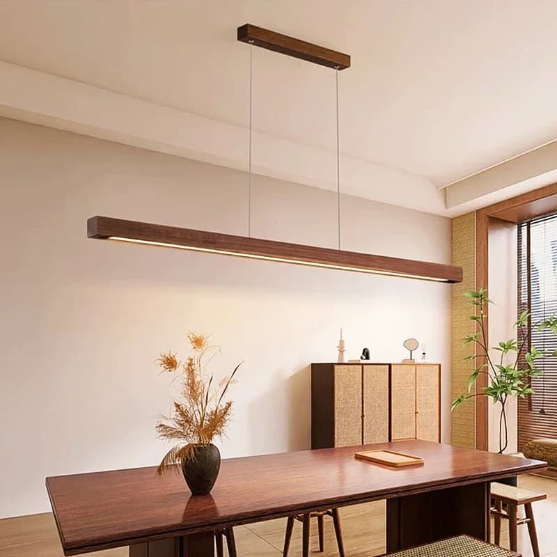 Luz pendente de madeira longa para sala de jantar com LEDs
