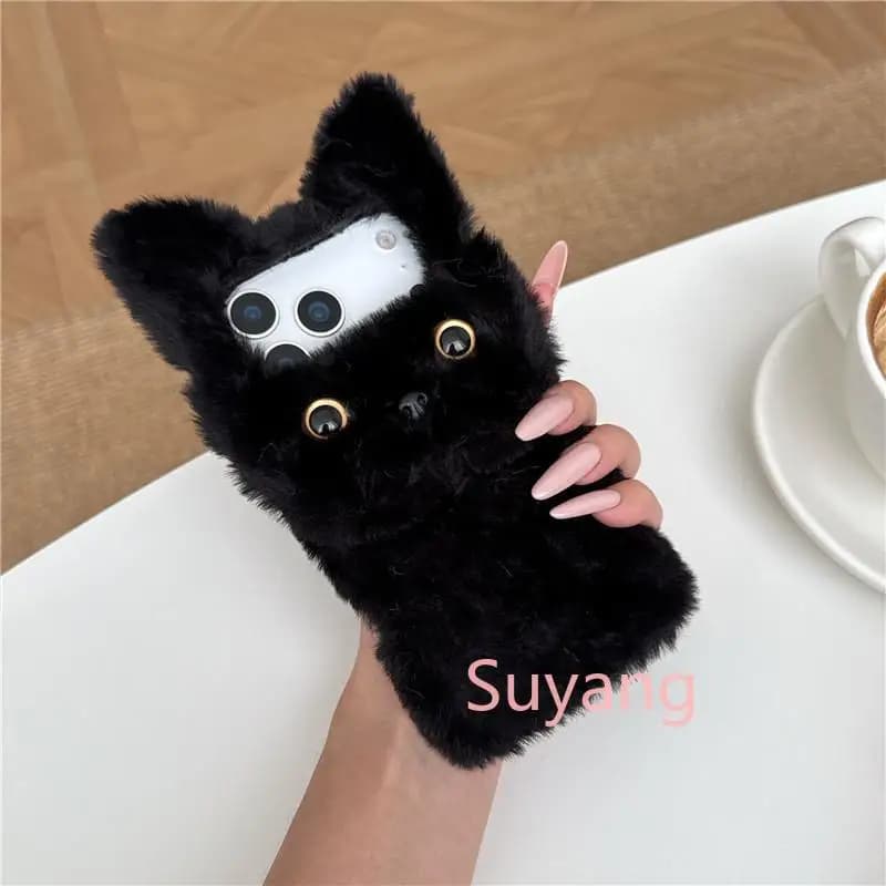 Capa de telefone pelúcia macia preta com orelhas e olhos 3D estilo gato para Xiaomi