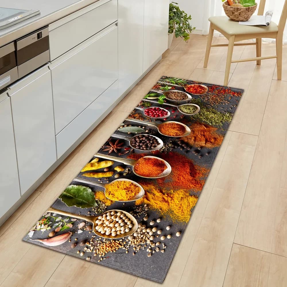 Tapete de cozinha com design de especiarias em colheres, entrada de casa, anti-deslizamento, decoração moderna.