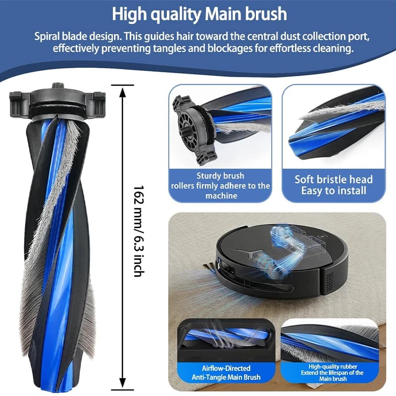 Escova rotativa principal azul e preta para Ecovacs T90 Pro Omni e X9S Pro Omni com 162mm