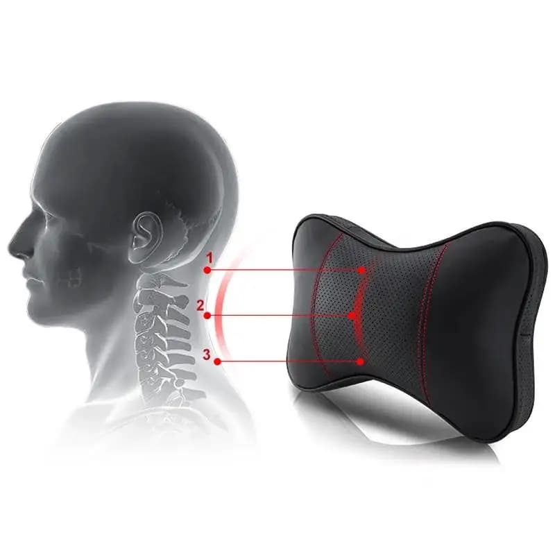 Ilustração mostrando suporte ergonômico da almofada de pescoço preta com detalhes vermelhos para conforto cervical