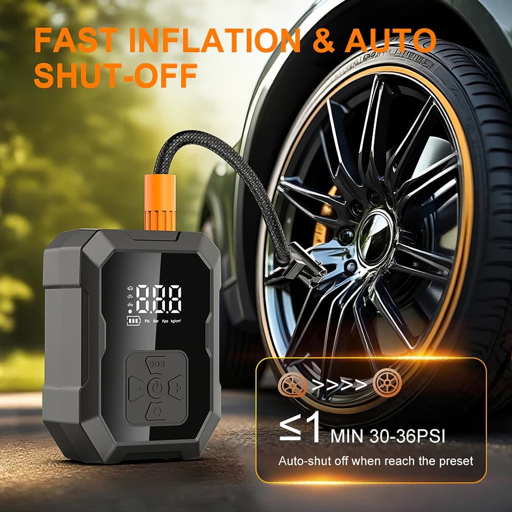 Bomba de ar elétrica portátil YIJU para pneus de bicicletas, carros e motos, com kit de reparo e cabo USB.