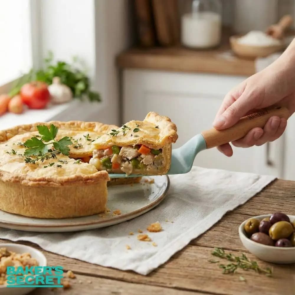 Espátula multiuso com cabo de madeira e lâmina curva azul-turquesa servindo fatia de torta salgada com legumes
