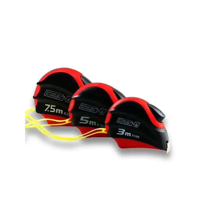 Conjunto de três fitas métricas XUSOLET 7.5m, 5m e 3m com cordão amarelo e corpo preto e vermelho