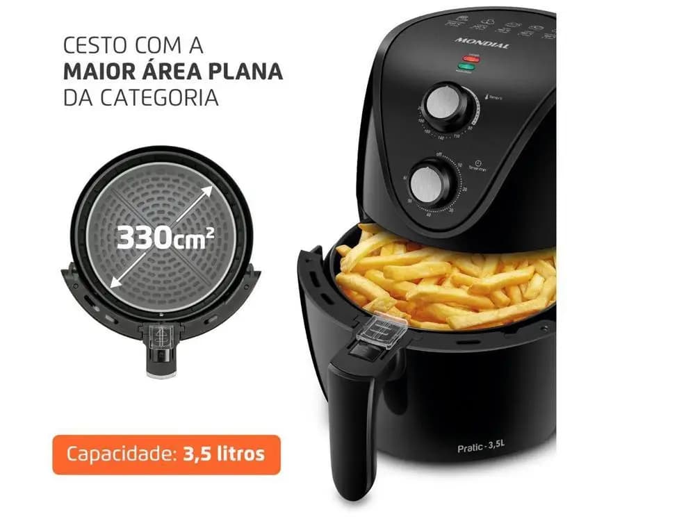 Air Fryer Mondial Pratic 3,5L com cesto de maior área plana 330cm² e controle de temperatura e timer