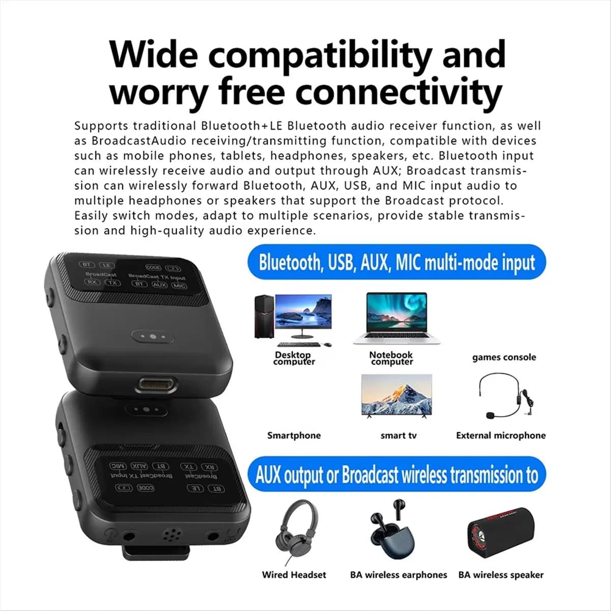 Receptor Bluetooth A32M compatível com Bluetooth, USB, AUX e MIC para múltiplos dispositivos e saída AUX