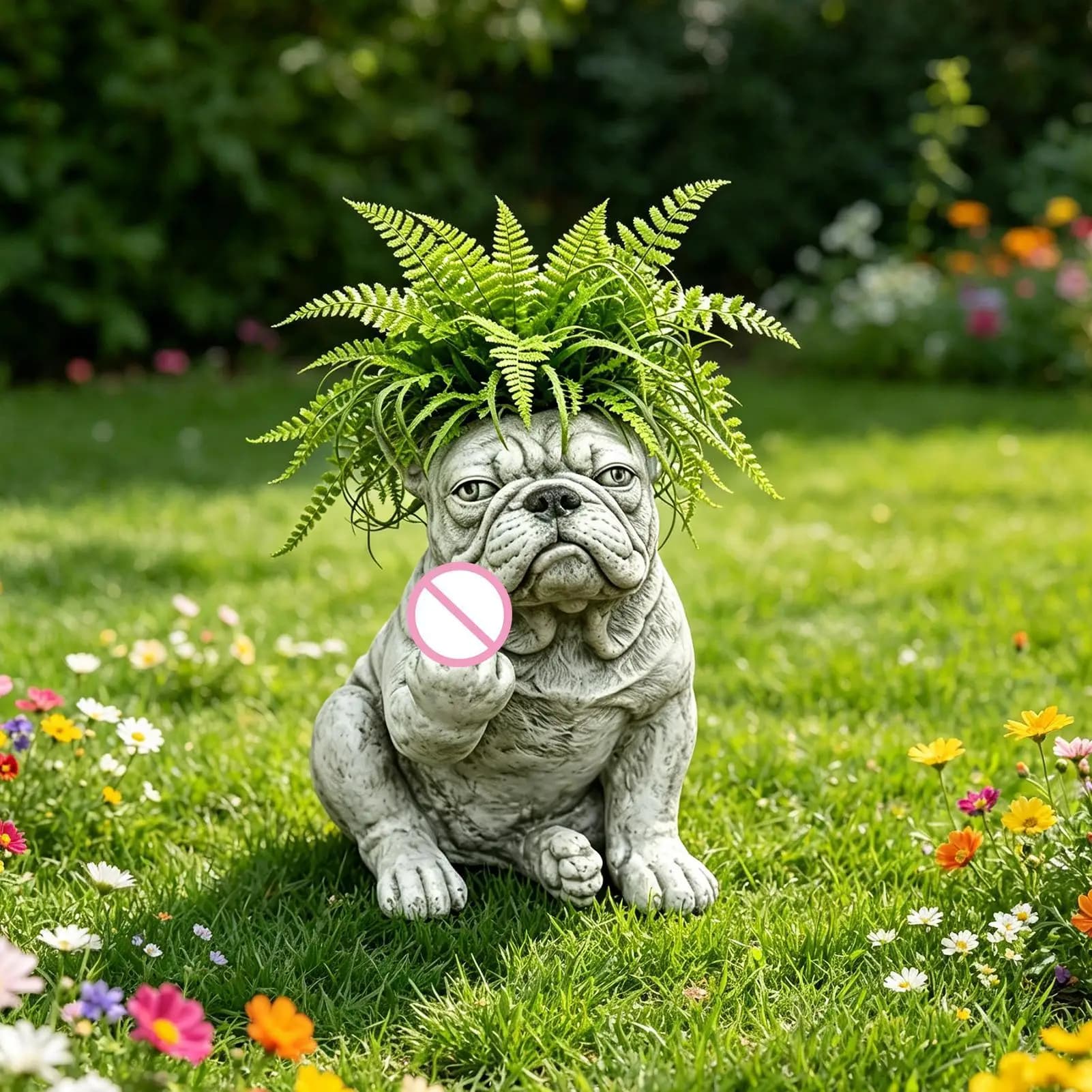 Vaso cinza bulldog francês decorativo com planta verde em jardim florido para suculentas