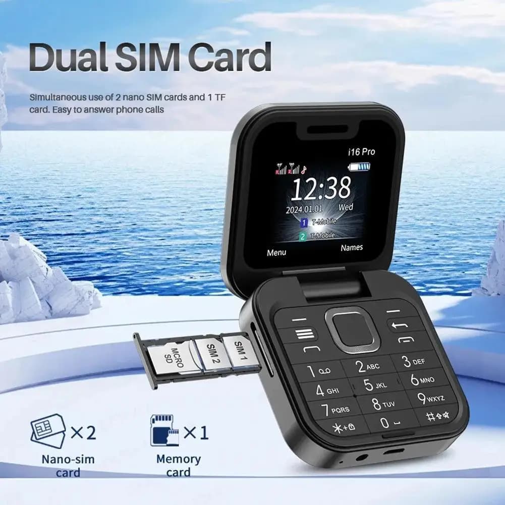 Foto do telefone flip I16 Pro aberto com visor LCD e teclado, fundo azul com paisagem de mar e céu