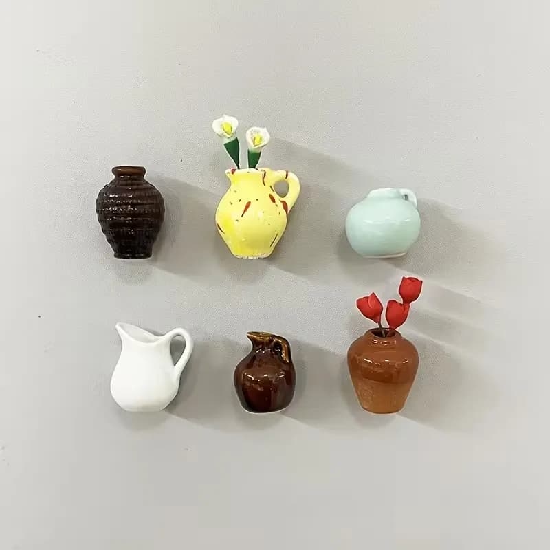 Conjunto de 6 mini vasos magnéticos de resina em formato de flor com flores artificiais, decoração criativa para geladeira