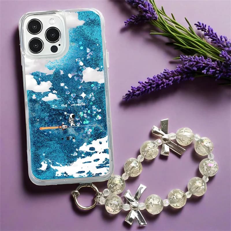 Capa para celular azul com glitter líquido e desenho de astronauta para iPhone 11 e Xiaomi