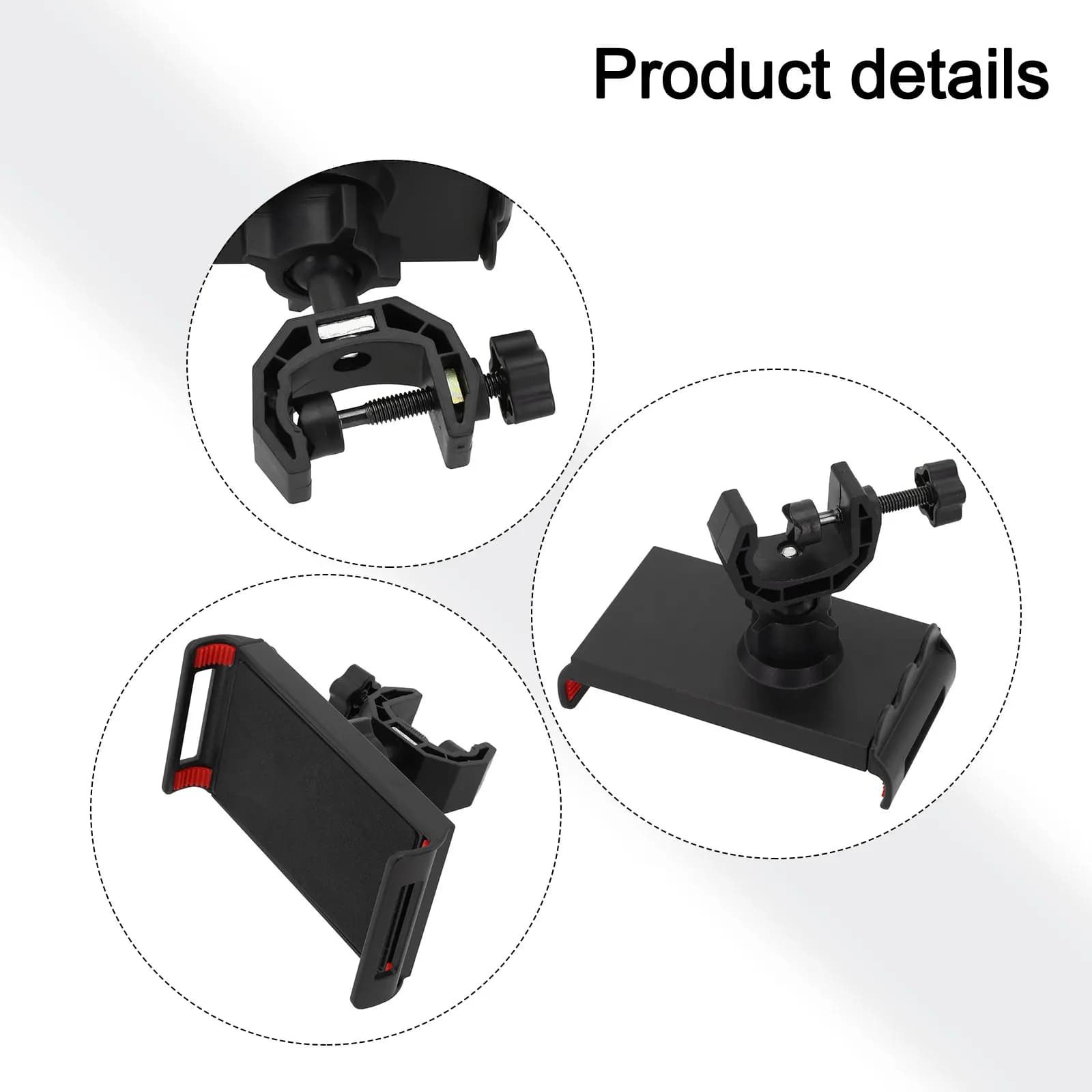 Tripé para celular e tablet preto com detalhes vermelhos, suporte ajustável e giratório 360 graus